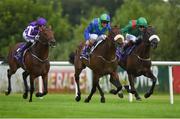 4 August 2016; Eventual winner Stellar Mass, centre, with Kevin Manning up, race ahead of Almela, eventual second place, with Pat Smullen up, and Bondi Beach, eventual third place, with Seamie Heffernan up, on their way to winning the Ballyroan Stakes during the Bulmers Evening Meeting at Leopardstown in Dublin.  Photo by Cody Glenn/Sportsfile