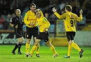 5 October 2010; David Mulcahy, left, St. Patrick's Athletic, celebrates after scoring his side's 1st goal with team-mates Ryan Guy and Daniel North, right. Airtricity League Premier Division, Drogheda United v St. Patrick's Athletic, United Park, Drogheda. Co. Louth. Picture credit:  Paul Mohan / SPORTSFILE