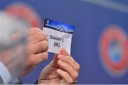 5 August 2016; UEFA Competitions Director Giorgio Marchetti draws the name of Dundalk FC, who will face Polish side Legia Warszawa, during the UEFA Champions League 2016/17 Play-off draw at UEFA headquarters, The House of European Football, in Nyon, Switzerland. Photo by UEFA via Sportsfile