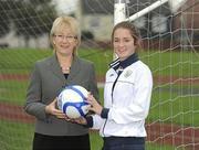 13 October 2010; Mary Hanafin TD, Minister for Tourism, Culture and Sport, with Republic of Ireland Under 17 star Siobhan Killeen at the launch of the 2010 National Awards to Volunteers in Irish Sport. Nominations for the awards are open to clubs, individuals or sporting bodies. Full details of the scheme are available at www.volunteersinsport.ie. Irishtown Stadium, Ringsend, Dublin. Picture credit: Ray McManus / SPORTSFILE