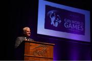 7 August 2016; Uachtarán Chumann Lúthchleas Aogán Ó Fearghail speaking during the Etihad Airways GAA World Games 2016 Cultural Heritage Concert at The Helix, DCU in Dublin. Photo by David Maher/Sportsfile