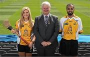 8 August 2016; Uachtarán Chumann Lúthchleas Aogán Ó Fearghail with Middle East GAA players Shonagh Enright, from Co Clare, and Taimoor Farooq, from Lahore, Pakistan, at the Sperrin Metal Middle East League 2016/2017 launch in Croke Park, Dublin.  Photo by Cody Glenn/Sportsfile