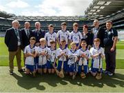 7 August 2016; Mini-Sevens Coordinator Gerry O'Meara, President of Cumann na mBunscol Liam McGee, Uachtarán Chumann Lúthchleas Gaeil Aogán Ó Fearghail, President of the Camogie Association Catherine Neary, Vice President of the INTO John Boyle, with the Waterford team, back row, left to right, Gavin Lee, Scoil Mhuire, Clarinbridge, Galway, Damian Murphy, Kilcoskan NS, The Ward, Dublin, Michael Young, St. Mary’s BNS, Lucan, Dublin, front row, left to right, Luke Carey, Seir Kieran’s NS, Birr, Offaly, Aidan Byrne, St. Cronan’s NS, Banagher, Offaly, Jack Leahy, St. Peters NS, Dungourney, Cork, Daniel Mackey, Ballygarvan NS, Ballygarvan, Cork, Shane Sarsfield, Scoil Íosagáin Buncrana, Donegal, Seán O’Donnell, St. Patrick’s, Carndonagh, Donegal, Aidan Marren, Castlerock NS, Aclare, Sligo, ahead of the INTO Cumann na mBunscol GAA Respect Exhibition Go Games at the Kilkenny v Waterford GAA Hurling All-Ireland Senior Championship Semi-Final at Croke Park in Dublin. Photo by Daire Brennan/Sportsfile