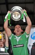 17 October 2010; Moorefield captain Patrick Murray lifts the Dermot Bourke Cup. Kildare County Senior Football Championship Final, Sarsfields v Moorefield, St Conleth's Park, Newbridge, Co. Kildare. Picture credit: Barry Cregg / SPORTSFILE