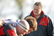 19 October 2010; Munster scrum coach Paul McCarthy watches the front row as the prepare to engage the scrum machine during squad training ahead of their Celtic League game against Benetton Treviso on Friday night. Munster Rugby squad training, University of Limerick, Limerick. Picture credit: Brendan Moran / SPORTSFILE