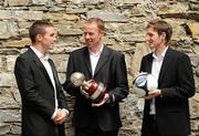 21 October 2010; Pictured at today’s 2010 PFAI Ford Player of the Year Awards press briefing is Shamrock Rovers striker Gary Twigg, left, and Bohemians defender Brian Shelley, right, with PFAI General Secretary Stephen McGuinness. The prestigious 2010 Ford sponsored PFAI Awards will take place on Saturday, 6th November at the Burlington Hotel in Dublin. The nominations for the Players’ Player of the Year, First Division Player of the Year, Young Player of the Year, Overseas Player of the Year and Referee of the Year, along with the Premier Division and First Division teams of the Year as voted for by the League of Ireland players, were all announced. WHPR Offices, Ely Place, Dublin. Picture credit: Alan Place / SPORTSFILE