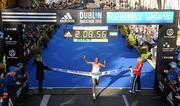25 October 2010; Moses Kangogo Kibet, Kenya, celebrates winning the Lifestyle Sports - adidas Dublin Marathon 2010, in a record time of 2 hours 8 minutes and 56 seconds. Dublin. Picture credit: Stephen McCarthy / SPORTSFILE