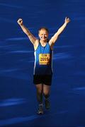 25 October 2010; Damian McCrory, from Omagh, Co. Tyrone, celebrates completing the Lifestyle Sports - adidas Dublin Marathon 2010. Dublin. Picture credit: Stephen McCarthy / SPORTSFILE