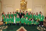 27 October 2010; TEAM Ireland members Therese Nolan, Cathy Fitzgerald, Hugh Mohan, Mary Melia, Breffni McCarthy, Niall Flynn, Mark Bolger, Robert McNamara, Nicolle Smith, Bernadette Kennedy, Ruth Geerah, Riobard Lankford, Darren Day, Kyle Norton, Monica Kilgannon, James Crowe, Emma Chalmers, Dermot Leavy, Andrea Buckley, Kim Byrne, Diane Mitchell, Linda Cannon, Fionnuala Treacy, Karina Houlihan, Catherine McCarthy, Mary Strain, Siobhan Dunne, Nicola McIntyre, Francis Power, Leah Breen, Doreen McGreevy, Sarah Shaw, Philip Patton and Gerard McCormack who all competed in the the 2010 Special Olympics European Games, in Warsaw, Poland, with President Mary McAleese and Dr. Martin McAleese at a reception to celebrate their achievements in Aras an Uachtarain, Phoenix Park, Dublin. Picture credit: Ray McManus / SPORTSFILE