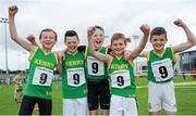 14 August 2016; From left to right, Cian Spllane, Jack O'Sullivan, Alex Hennigan, Cian Lynch and Oisin Lynch, Co. Kerry, celebrate their victory in the Mixed Distance Relay U12 & O10 Boys at Weekend 1 of the Community Games National Festival at Athlone I.T in Athlone, Co Westmeath. Photo by Seb Daly/Sportsfile