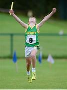 14 August 2016; Cian Lynch, SPA Mucross, Co. Kerry, celebrates his team's victory as he crosses the line during the Mixed Distance Relay U12 & O10 Boys final at Weekend 1 of the Community Games National Festival at Athlone I.T in Athlone, Co Westmeath. Photo by Seb Daly/Sportsfile