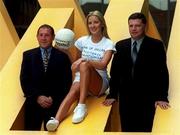 22 August 2001; Model Jenifer Langan with Derry manager Eamonn Coleman, left and Galway manager John O'Mahony following a press conference at Bank of Ireland Head Offices in Dublin ahead of the Bank of Ireland All-Ireland Senior Football Championship Semi-Final match between Galway and Derry. Photo by Ray McManus/Sportsfile