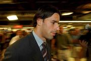 30 August 2001; Netherland's Ruud Van Nistelrooy at Dublin Airport following the squads arrival ahead of their FIFA World Cup 2002 Qualifier match against Republic of Ireland in Dublin. Photo by Matt Browne/Sportsfile