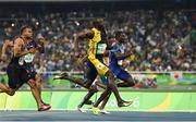 14 August 2016; Usain Bolt of Jamaica wins the Men's 100m final from Justin Gatlin of USA, right, and Andre de Grasse of Canada, left, at the Olympic Stadium during the 2016 Rio Summer Olympic Games in Rio de Janeiro, Brazil. Photo by Brendan Moran/Sportsfile