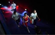 15 August 2016; Katie Taylor of Ireland walks out with Team Ireland coaches Zaur Antia, right, John Conlan and Eddie Bolger ahead of her Lightweight quarter-final bout against Mira Potkonen of Finland in the Riocentro Pavillion 6 Arena, Barra da Tijuca, during the 2016 Rio Summer Olympic Games in Rio de Janeiro, Brazil. Photo by Ramsey Cardy/Sportsfile