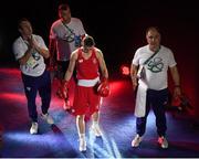 15 August 2016; Katie Taylor of Ireland walks out with Team Ireland coaches Zaur Antia, right, John Conlan and Eddie Bolger, left, ahead of her Lightweight quarter-final bout against Mira Potkonen of Finland in the Riocentro Pavillion 6 Arena, Barra da Tijuca, during the 2016 Rio Summer Olympic Games in Rio de Janeiro, Brazil. Photo by Ramsey Cardy/Sportsfile