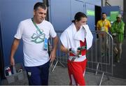 15 August 2016; Katie Taylor of Ireland walks out with Team Ireland coach John Conlan after her Lightweight quarter-final bout against Mira Potkonen of Finland in the Riocentro Pavillion 6 Arena, Barra da Tijuca, during the 2016 Rio Summer Olympic Games in Rio de Janeiro, Brazil. Photo by Ramsey Cardy/Sportsfile