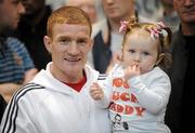 5 November 2010; Willie Casey with his daughter Ellie May before the weigh-in ahead of his European Super Bantamweight title bout against Paul Hyland on Saturday night. Hunky Dory Fight Night Weigh-In, University of Limerick, Limerick. Picture credit: Diarmuid Greene / SPORTSFILE