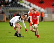 6 November 2010; Christiane Hunter, St Enda’s, Tyrone, in action against Sinead Taylor, Edenderry, Offaly. Tesco All-Ireland Junior Ladies Football Club Championship Semi-Final, St Enda’s, Tyrone v Edenderry, Offaly, Healy Park, Omagh, Co. Tyrone. Picture credit: Michael Cullen / SPORTSFILE