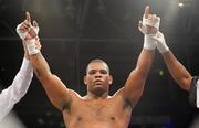 6 November 2010; Mike Perez celebrates after a first round TKO against Pavels Dolgovs in their Heavyweight bout. Hunky Dorys Fight Night Undercard, UL Arena, Limerick. Picture credit: Diarmuid Greene / SPORTSFILE