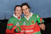 7 November 2010; Michelle McGing and Martha Carter, Carnacon, Mayo, celebrate after the game. Tesco All-Ireland Senior Ladies Football Club Championship Semi-Final, Timahoe, Laois v Carnacon, Mayo, Timahoe GAA, Laois. Picture credit: Barry Cregg / SPORTSFILE