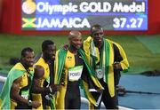 19 August 2016; The Jamaica team, from left, Yohan Blake, Nickel Ashmeade, Asafa Powell and Usain Bolt celebrate winning the Men's 4 x 100m relay final in the Olympic Stadium, Maracanã, during the 2016 Rio Summer Olympic Games in Rio de Janeiro, Brazil. Photo by Brendan Moran/Sportsfile