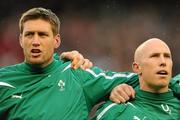 13 November 2010; Ireland's Ronan O'Gara, left, and Peter Stringer during the National Anthem. Autumn Internationals, Ireland v Samoa, Aviva Stadium, Lansdowne Road, Dublin. Picture credit: Stephen McCarthy / SPORTSFILE