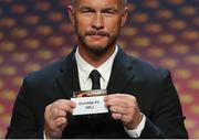 26 August 2016; Ambassador for the UEFA Europa League Final Patrik Andersson draws out the name of Dundalk FC during the UEFA Europa League draw part of the European Club Football Season Kick Off 2016/17 in Monaco, Monaco. Photo by UEFA via Sportsfile