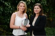 26 August 2016; Saoirse Noonan, left, of Cork is presented with The Croke Park Ladies Football Player of the Month award for July by Muireann King, Director of Sales and Marketing, The Croke Park, at The Croke Park on Jones Road, Dublin. Photo by Seb Daly/Sportsfile