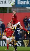 26 August 2016; Dan Goggin of Munster out jumps Tom Heathcote of Worcester Warriors in an attempt to gain possession during the Pre-Season Friendly game between Munster and Worcester Warriors at Irish Independent Park in Cork. Photo by Seb Daly/Sportsfile