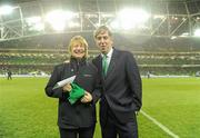 17 November 2010; When Brigid Schlebaum, from Fairview, Dublin, walked through the turnstile at Aviva Stadium for the Ireland v Norway international she became the 500,000th fan to visit the stadium since its opening for the Combined Provinces Rugby game on July 31st. To mark the occasion the stadium presented her with 2 tickets to the Carling Four Nations Cup in February, she will also receive Dinner for two and a nights accomdadation in the Louis Fitzgerald hotel. Our picture shows Brigid being presented with her prize by CEO of the FAI John Delaney. Since then the stadium has played host to international soccer games with Argentina, Andorra, Russia and Norway, a visit by Manchester Utd and the FAI Ford Cup Final. It has also hosted Leinster v Munster in the Magners League and rugby internationals with the All Blacks and Samoa. In addition singer Michael Buble has performed two sell-out concerts. Aviva Stadium, Lansdowne Road, Dublin. Picture credit: Brian Lawless / SPORTSFILE