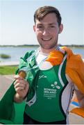 27 August 2016; Paul O'Donovan of Ireland celebrates with his gold medal after winning the Lightweight Men’s Single Sculls Final at the 2016 World Rowing Championships at the Willem-Alexanderbaan Rowing Venue in Rotterdam, Netherlands. Photo by ANP Orange Pictures / Herman Dingler / Sportsfile
