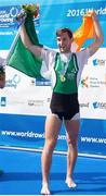 27 August 2016; Paul O'Donovan of Ireland celebrates after winning gold in the Lightweight Men’s Single Sculls Final at the 2016 World Rowing Championships at the Willem-Alexanderbaan Rowing Venue in Rotterdam, Netherlands. Photo by ANP Orange Pictures / Herman Dingler / Sportsfile