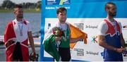 27 August 2016; Paul O'Donovan of Ireland with Peter Galambos of Hungary, right, and Lukas Babac of Slovakia, left, after winning gold in the Lightweight Men’s Single Sculls Final at the 2016 World Rowing Championships at the Willem-Alexanderbaan Rowing Venue in Rotterdam, Netherlands. Photo by ANP Orange Pictures / Herman Dingler / Sportsfile