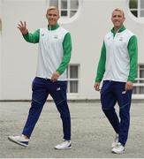 28 August 2016; Members of Team Ireland's hockey team, Conor and David Harte, arrive ahead of a special reception, honouring members of Team Ireland who competed at the 2016 Rio Olympics, hosted by President Michael D. Higgins and his wife Sabina Higgins in Áras an Uachtaráin, Phoenix Park, Dublin. Photo by Seb Daly/Sportsfile