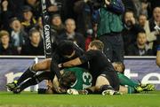 20 November 2010; Brian O'Driscoll, Ireland, touches the ball down to score his side's second try. Autumn International, Ireland v New Zealand, Aviva Stadium, Lansdowne Road, Dublin. Picture credit: Matt Browne / SPORTSFILE