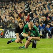 20 November 2010; Keith Earls, Ireland, goes over the line but the television match official judged it not to be a try. Autumn International, Ireland v New Zealand, Aviva Stadium, Lansdowne Road, Dublin. Picture credit: Matt Browne / SPORTSFILE
