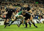 20 November 2010; Kieran Read, New Zealand, goes over to score his side's third try, despite the efforts of Sean Cronin, Ireland. Autumn International, Ireland v New Zealand, Aviva Stadium, Lansdowne Road, Dublin. Picture credit: Stephen McCarthy / SPORTSFILE