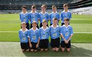 28 August 2016; The Dublin team, back row, from left, Oisín Doyle, St Joseph's NS, Hacketstown, Carlow, Shamey O'Hagan, Monamolin NS Gorey, Wexford, Jack Hanlon, St Lorcan's BNS, Palmerstown, Dublin, Adam O'Neill, St Fiachra's Senior School, Beamount, Dublin, and Daniel Reilly, St Mary's Parish Primary School, Drogheda, Louth. Front row, from left, Alex Kelliher, Ballon NS, Ballon, Carlow, Liam Osbourne, St Finnian's NS, Dunleer, Louth, Luke Whitney, St Oliver Plunkett BNS, Moate, Westmeath, Conor Foley, Scoil Mhuire Horeswood, New Ross, Wexford, and Eoghan Curran, St Oliver Plunkett BNS, Moate, Westmeath, representing Dublin, prior to the INTO Cumann na mBunscol GAA Respect Exhibition Go Games at the GAA Football All-Ireland Senior Championship Semi-Final game between Dublin and Kerry at Croke Park in Dublin. Photo by Piaras Ó Mídheach/Sportsfile