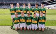28 August 2016; The Kerry team, back row, from left, Tomás Corbett, St Paul's, Ratoath, Meath, Jack Meagher, St Mary's, Ashbourne, Meath, Fionn Hallinan, Ballymacarbry NS, Ballymacarbry, Waterford, representing Kerry, Darragh O'Connell, Ovens NS, Ovens, Cork, Ciarán Hodanu, Ferrybank BNS, Ferrybank, Waterford, and Daniel Ryan, Borrisoleigh, Thurles, Tipperary. Front row, Patrick Magee, St Colmban's, Belcoo, Fermanagh,Séamus O'Mahony, Killavullen NS, Killavullen, Cork, Conor Sweeney, St John's NS, Ballisodare, Sligo, Matthew Carey, Scoil Mhuire NS, Newtownforbes, Longford, and TJ Carroll, Loughmore, Templemore, Tipperary, prior to the INTO Cumann na mBunscol GAA Respect Exhibition Go Games at the GAA Football All-Ireland Senior Championship Semi-Final game between Dublin and Kerry at Croke Park in Dublin. Photo by Piaras Ó Mídheach/Sportsfile