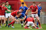 30 August 2016; Scott Penny of Leinster is tackled by Finn Burke, left, and Daniel Feasey of Munster during the U18 Schools Interprovincial Series Round 1 game between Munster and Leinster at Thomond Park in Limerick. Photo by Brendan Moran/Sportsfile