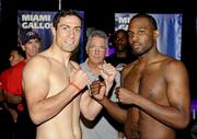 22 November 2010; Kenny Egan, Miami Gallos, and Dorian Anthony, Los Angeles Matadors, during the weight-in ahead of their Light-heavyweight bout. World Series Boxing - Week 1, American Airlines Arena, Miami, Florida, USA. Picture credit; SPORTSFILE