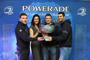 6 December 2010; Leinster players, from left, Andrew Conway, Brian O'Driscoll, and Rob Kearney with Erica Roseingrave, Coca-Cola Bottlers, Ireland, Public Affairs and Communications Manager, with the Powerade Leinster Schools Rugby Senior Cup ahead of performing the Powerade Leinster Schools Cup Competition Draws. Aviva Stadium, Lansdowne Road. Picture credit: Stephen McCarthy / SPORTSFILE