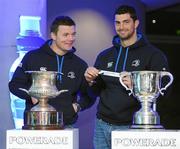 6 December 2010; Leinster's Rob Kearney pulls out the name of Cistercian College Roscrea during the Powerade Leinster Schools Rugby Junior Cup draw alongside team-mate Brian O'Driscoll during the Powerade Leinster Schools Cup competition draws. Aviva Stadium, Lansdowne Road. Picture credit: Stephen McCarthy / SPORTSFILE