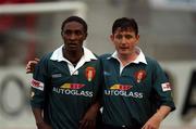 17 August 2001; Mbabazi Livingstone, left and Martin Russell of St. Patrick's Athletic during the eircom League Premier Division match between Shelbourne and St. Patrick's Athletic at Tolka Park in Dublin. Photo by David Maher/Sportsfile