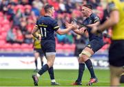 3 September 2016; Ronan O'Mahony, left, celebrates with Billy Holland, right, of Munster after scoring his sides second try during the Guinness PRO12 Round 1 match between Scarlets and Munster at Parc Y Scarlets in Llanelli, Wales. Photo by Huw Evans/Sportsfile