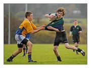 22 November 2010; Fergal Marshal, East Glendalough, is tackled by Daragh Mulhall, CBS Naas. Duff Cup Semi-Final, CBS Naas v East Glendalough, Old Wesley RFC, Kiltiernan, Co. Dublin. Picture credit: Barry Cregg / SRTSFILE