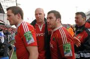 12 December 2010; Munster's Paul O'Connell with team mates Damien Varley, right, and Denis Hurley after the game. Heineken Cup Pool 3 - Round 3, Munster v Ospreys, Thomond Park, Limerick. Picture credit: Diarmuid Greene / SPORTSFILE