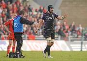 12 December 2010; Jonathan Thomas, Ospreys, calls for referee Christophe Berdos after an incident with Munster's Paul O'Connell. Heineken Cup Pool 3 - Round 3, Munster v Ospreys, Thomond Park, Limerick. Picture credit: Diarmuid Greene / SPORTSFILE