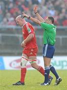 12 December 2010; Munster's Paul O'Connell is shown the red card by referee Christophe Berdos. Heineken Cup Pool 3 - Round 3, Munster v Ospreys, Thomond Park, Limerick. Picture credit: Matt Browne / SPORTSFILE